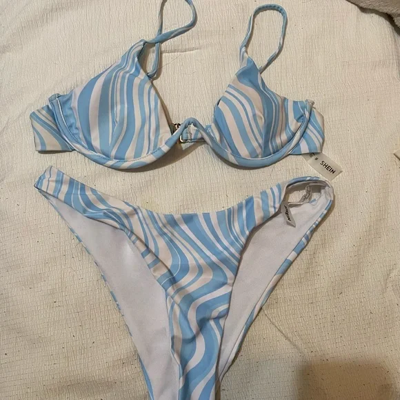 SHEIN Swim Shein Blue And White Marble Bikini Poshmark